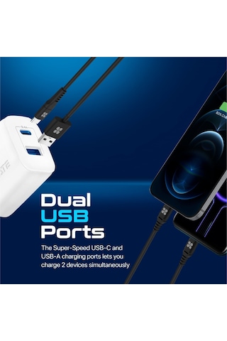 Promate BiPlug-2 17W Yüksek Hızlı Şarj Cihazı, Type-C, USB Beyaz