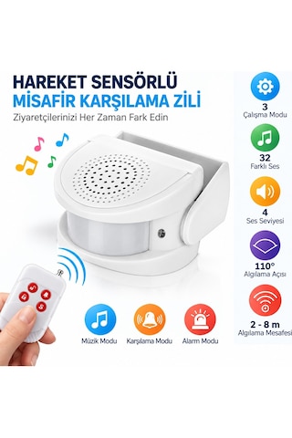 Hareket Sensörlü Kapı Zili Pır Misafir Karşılama Alarmı 32 Melodili Uzaktan Kumandalı