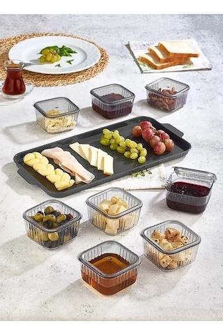 17 Parça Tepsili Kahvaltılık Saklama Kabı Seti 8x300 Ml Kare Kap, Bpa İçermeyen Kapaklı Antrasit8likare Çok Renkli