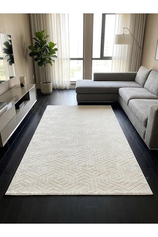 Dinar Armoni Kaymaz Tabanlı Kesme Kabartmalı Yıkanabilir Salon Koridor Mutfak Hali Krem