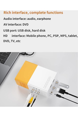 Vkemall Portatif Led Projeksiyon Cihazı - 400-600 Lumen, 60 İnç Ekran, Ev Ve Dış Mekan Kullanıma Uygun, Manuel Odaklama, Sarı-beyaz Avrupa Standartı