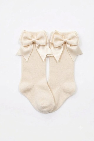 Cocole Socks Kız Çocuk Aksesuarlı Dizaltı Çorabı Tekli Pamuklu Düz Ekru Fiyonklu