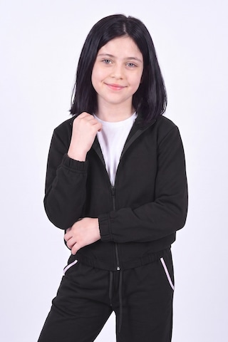 Panios Kids Kız Çocuk Dik Yaka Fermuarlı Beli Bağcıklı Lastik Paça Eşofman Takımı Siyah