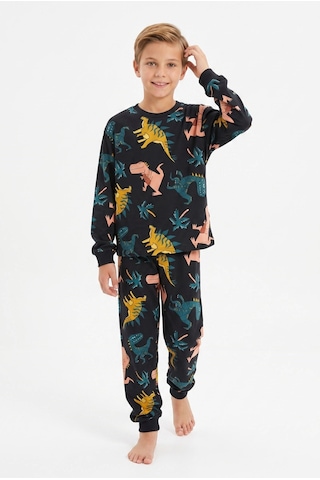 Bunny Hopp Erkek Çocuk Uzun Kollu Pijama Takımı %100 Pamuk Siyah Renkli Dinozor Desenli Penye