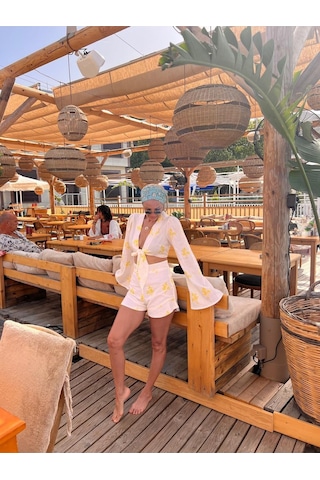 Kadın Çiçek Desenli Keten Şort-bluz Takım - Özel Tasarım Beyaz