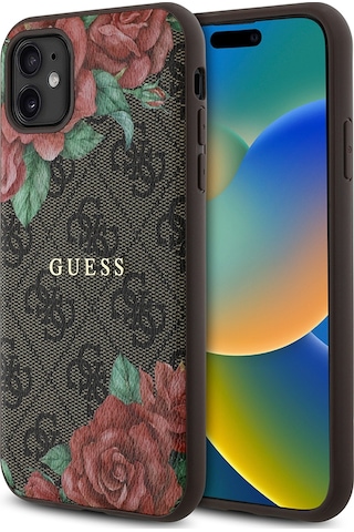 Apple Uyumlu iPhone 11 Kılıf Guess Lisanslı Magsafe Gül Baskılı 4g Desenli Yazı Logolu Kapak Kahverengi