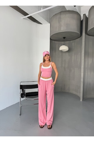 Kadın Çift Kat Detaylı Modal Dokulu Alt Üst Takım Pembe