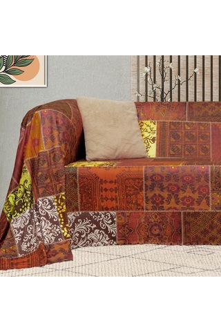 Softmicro Koltuk Örtüsü Çekyat Örtüsü Koltuk Şalı Etnik Desenli Boho Patchwork Kaymaz Kiremit 180x300 C Çok Renkli