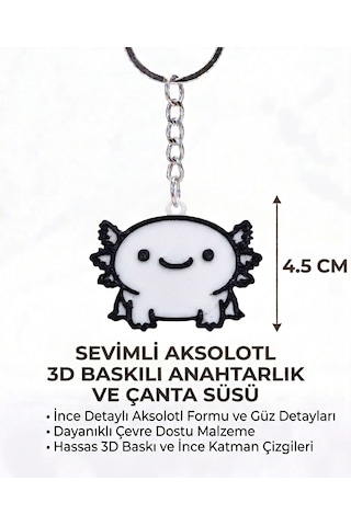 Sevimli Aksolotl 3d Basılı Anahtarlık & Çanta Süsü Beyaz - Siyah