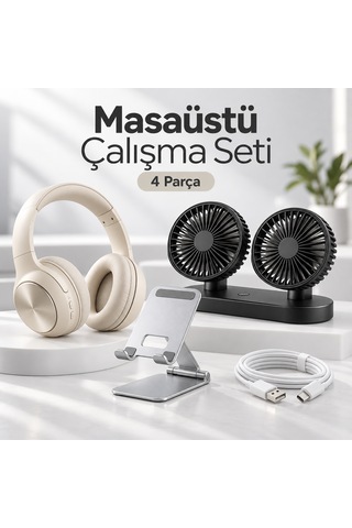 Masaüstü Çalışma Seti - 4 Parça Kulaklık, Çift Fanlı Vantilatör, Telefon Standı Ve Şarj Kablosu 01