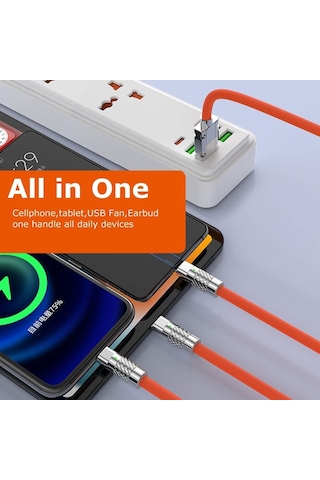 Valkyrie 6A 3in1 Lighting Type-c Micro Sıvı Silikon Data Hızlı Şarj Kablosu Bakır Döşeme Kablo Turuncu