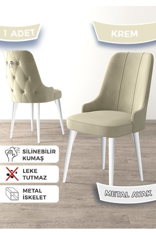 Canisa Newa Serisi, 1.sınıf Babyface Kumaş Beyaz Metal Ayaklı Gümüş Halkalı, 4 Adet Krem Sandalye Sandalye Krem Ayakları Beyaz