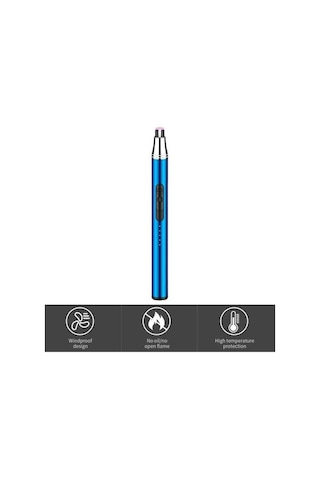 Pazly Türkçe Usb Şarjlı Mavi Alevsiz Ateşleyici, Rüzgar Geçirmez Uzun Saplı, Ev Ve Kamp İçin Güvenli Taşınabilir Sobası Mavi