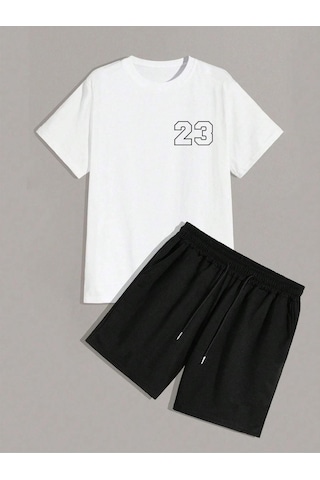 23 Sayılı T-shirt Şort - Beyaz Siyah Alt Üst Takım Şort Tişört Kombin Baskılı Bisiklet Yaka Beyaz