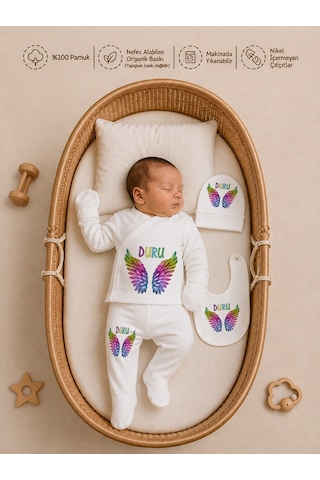 Pia Baby Yeni Doğan Erkek Bebek 4 Parça Hastane Çıkışı Seti %100 Pamuk Kişiye Özel İsimli Battaniyeli Tulum Set 2060bt3x Krem