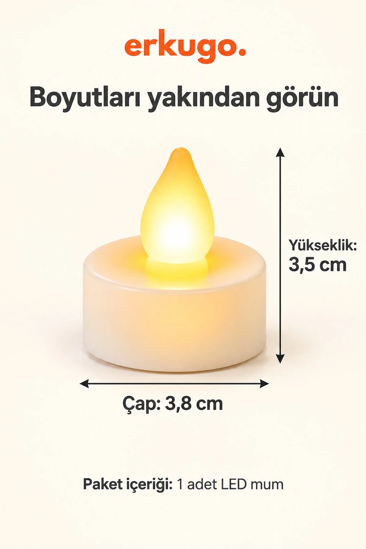 Erkugo 1 Adet Tealight Led Mum 3,5 X 3,8 Cm Sıcak Sarı Işıklı Alev Efektli Dekoratif Mini Mum Beyaz