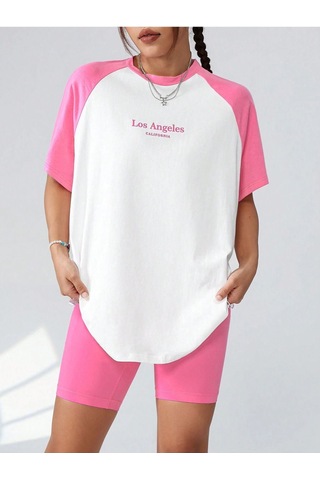 Los Angeles Parçalı Süprem T-shirt - Pembe Beyaz Baskılı Oversize Bisiklet Yaka Kısa Kol Tişört Beyaz-pembe