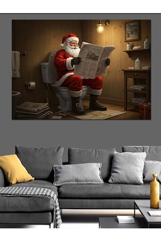 Tuvalette Gazete Okuyan Noel Baba Dekoratif Kanvas - Mdf Ahşap Tablo