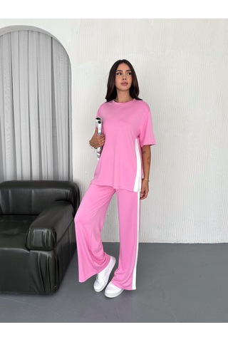 Elaxi Modal Şeritli Yırtmaç Detaylı Pantolon Tişort Takım Pembe