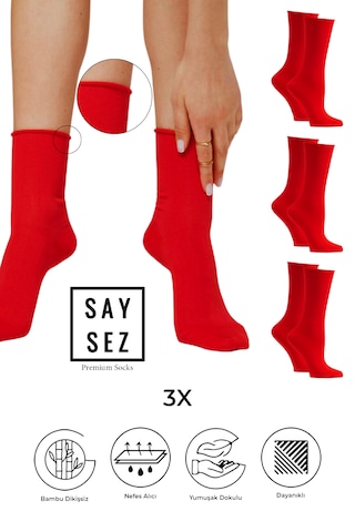 Bambu Kadın Lastiksiz Kırmızı Soket Dikişsiz Premium Çorap 3'lü Kırmızı