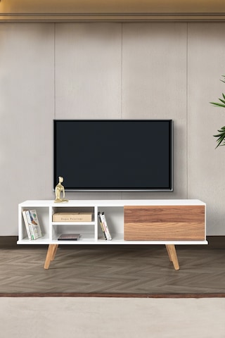 3330 Ela 130 Cm Ahşap Ayaklı Tv Ünitesi , Beyaz - Söğüt , Tv Sehpası , Salon , Oturma Odası Diğer