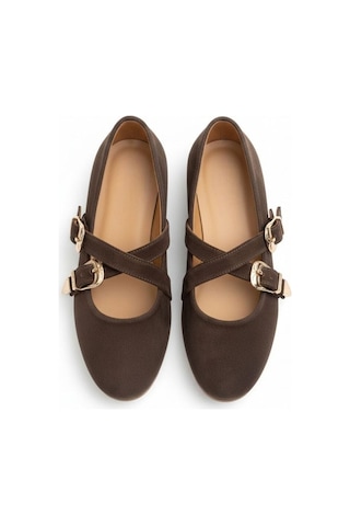 Ne&ve Shoes Kahve Süet Hakiki Deri Çapraz Bantlı Aksesuar Detaylı Kadın Yuvarlak Burun Babet Kahverengi