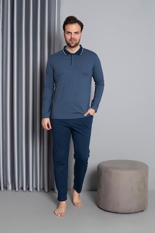Erkek Düğmeli Desenli Uzun Kollu Pijama Takımı 16585 Mavi Mavi