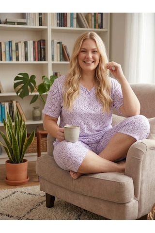 Büyük Beden Kısa Kol Kapri Pamuklu Likralı Pijama Takımı 8642 Lila