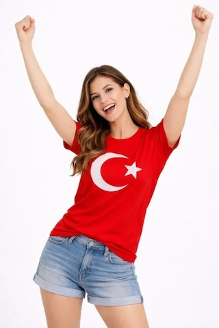Vexor T-shirt Kısa Kol Bisiklet Yaka Ay Yıldız Bayrak Baskılı Tişört - Kırmızı