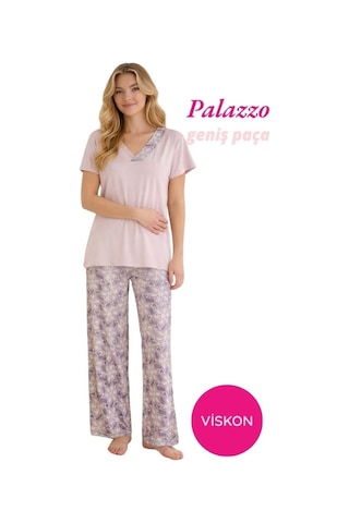 Seamlife Kadın Düğmesiz Geniş Yaka Viskon Kısa Kol Palazzo Pijama Takımı-oversize Üst Geniş Paça Alt Homewear Pudra