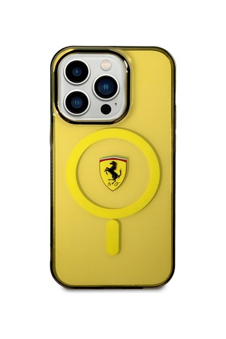 İphone Uyumlu 14 Pro Max Kılıf Ferrari Magsafe Şarj Özellikli Yarı Transparan Dizayn Kapak Sarı