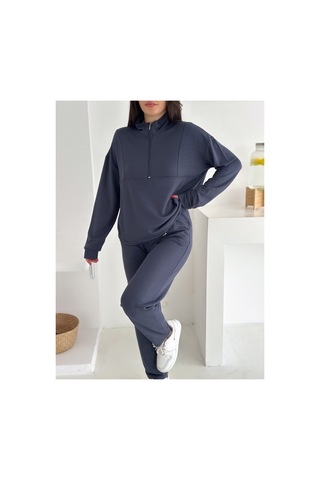 Gugus Kadın Yarım Fermuarlı Model Beli Lastikli Dar Paça Eşofman Takımı Füme