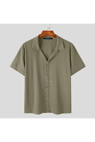 İncerun Erkek Günlük Giyim Düz Renk Örme Kısa Kollu Gömlek Yeşil