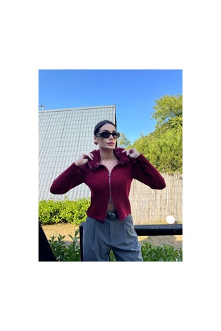 İkrafashion Yakası Kürklü Triko Hırka Bordo Bordo