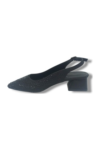 Ceylan Shoes 125-26 Taşlı Parlak Saten Kısa Kare Topuk Kadın Ayakkabı 36-41 Siyah