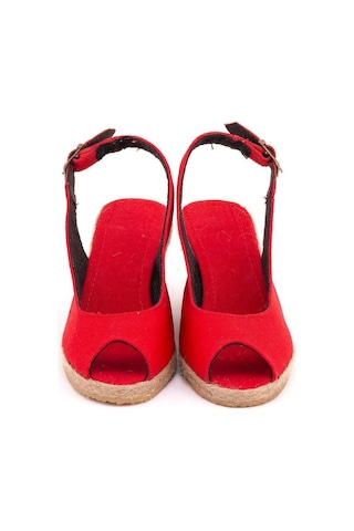 Star Tombis Gerçek Elişi Burnu Açık Arkası Bantlı Dolgu Topuk Kırmızı Keten Hasır Espadril Handmade Kırmızı