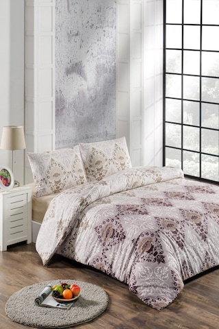 Mulberry Sare Nevresim Takımı Ranforce Çift Kişilik 200x220 Kahve - Bej