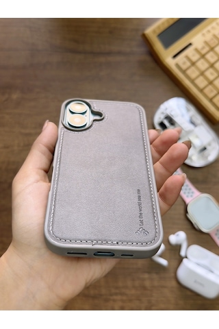 Apple iPhone 16 Uyumlu Premium Deri Dokulu Darbelere Karşı Dayanıklı Nazal Silikon Kılıf Gri