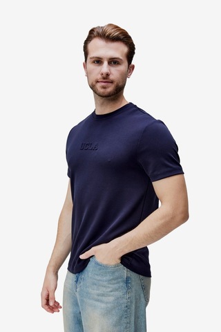 Canary Lacivert Bisiklet Yaka Gofre Baskılı Modal Kumaş Standard Fit Erkek Tshirt Siyah