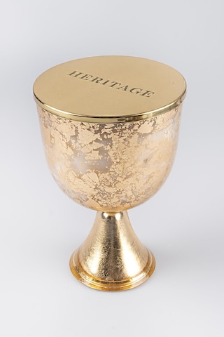 Altın Varak Eskitme Ayaklı Cam Mumluk Kokusuz Mum Yazı Kapaklı Büyük 24.5x15 Cm