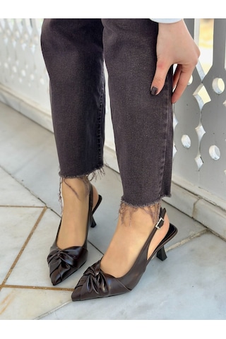Ervanın Butiği Kahve Kırışık Deri Bow Fiyonk Detay Kadın Stiletto-6089