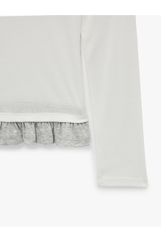 Koton Slim Fit Nakışlı Asimetrik Yaka Katmanlı Fırfırlı Uzun Kollu Kaşkorse Tişört Ekru 7wal10458ık