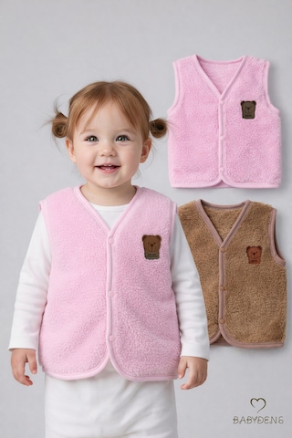 Babyden's 2 Li Welsoft Yelek Seti Kız Bebek Çocuk Ayıcık Armalı Peluş Yumuşak Kışlık Yelek Pembe - Kahverengi