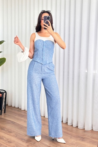 Mitodo.com Keten Görünümlü Düğmeli Büstiyer Ve Bol Paça Pantolon İkili Takım Mavi Mitodo.com Keten Görünümlü Düğmeli Büstiyer Ve Bol Paça Pantolon İkili Takım Mavi