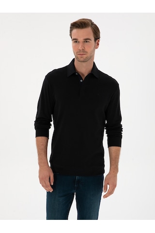 Lacivert Regular Fit Kaşmir Karışımlı Polo Yaka Sweatshirt