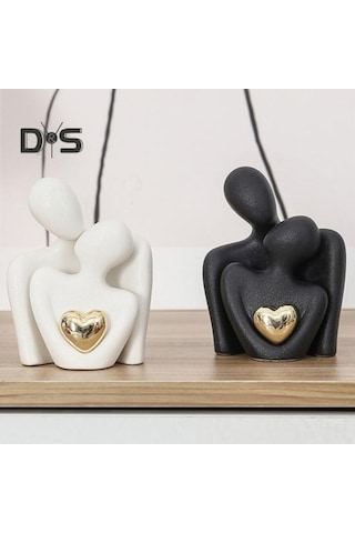 Novahub Çift Kucaklama Heykeli Beyaz Seramik Altın Kalp Erkek Kadın Aşk Heykeli Oturma Odası Yatak Odası Biblo M