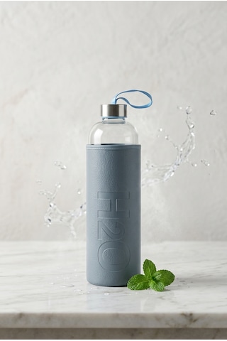 H2o Sağlıklı Cam Matara 1000 Ml Su Şişesi, Deri Kılıflı 1 Lt Sporcu Suluğu Mavi