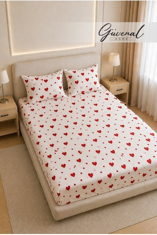 Carmen %100 Pamuk Çift Kişilik Desenli Yastık Kılıflı Lastikli Çarşaf Seti Yastık Kılıfı Lastikli Çarşaf Uyku Seti Çeyiz 180x 200 Cm - Kalp Kırmızı