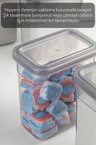 6'lı Etiketli Deterjan Saklama Kabı Seti - Hava Geçirmez Kapaklı Saklama Kutusu - 6 X 1100 Ml Gri
