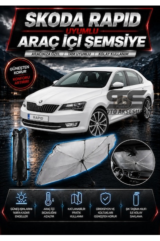 Skoda Rapid Araç Ön Cam Güneşliği Katlanabilir Şemsiye Oto Güneşlik Uv Korumalı Gölgelik Araba Oto Şemsiyesi